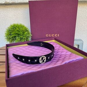 Gucci Purple Headband with Silver Crystal Logo